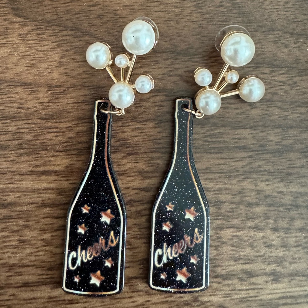 Cheers Bottle Pearl Drop Earrings - Black and Gold